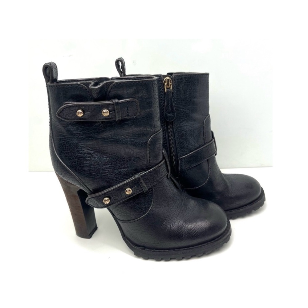 Tory Burch Landers Moto High Heel Black Textured Leather Ankle Boots